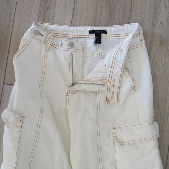 Skater Aesthetic White Cargo Pants With Brown Embordary And Zippers Sz Small - Picture 12 of 16